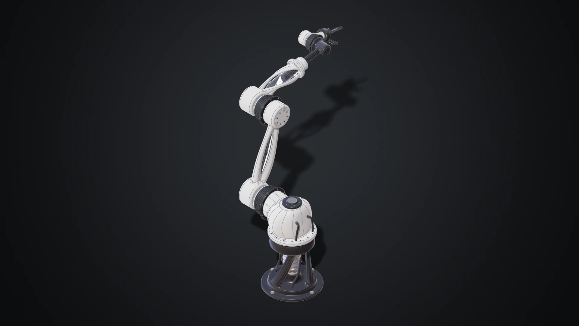The robot arm modelled in the Designer: a six-axis arm on a pedestal with cable harnesses and a three-finger gripper