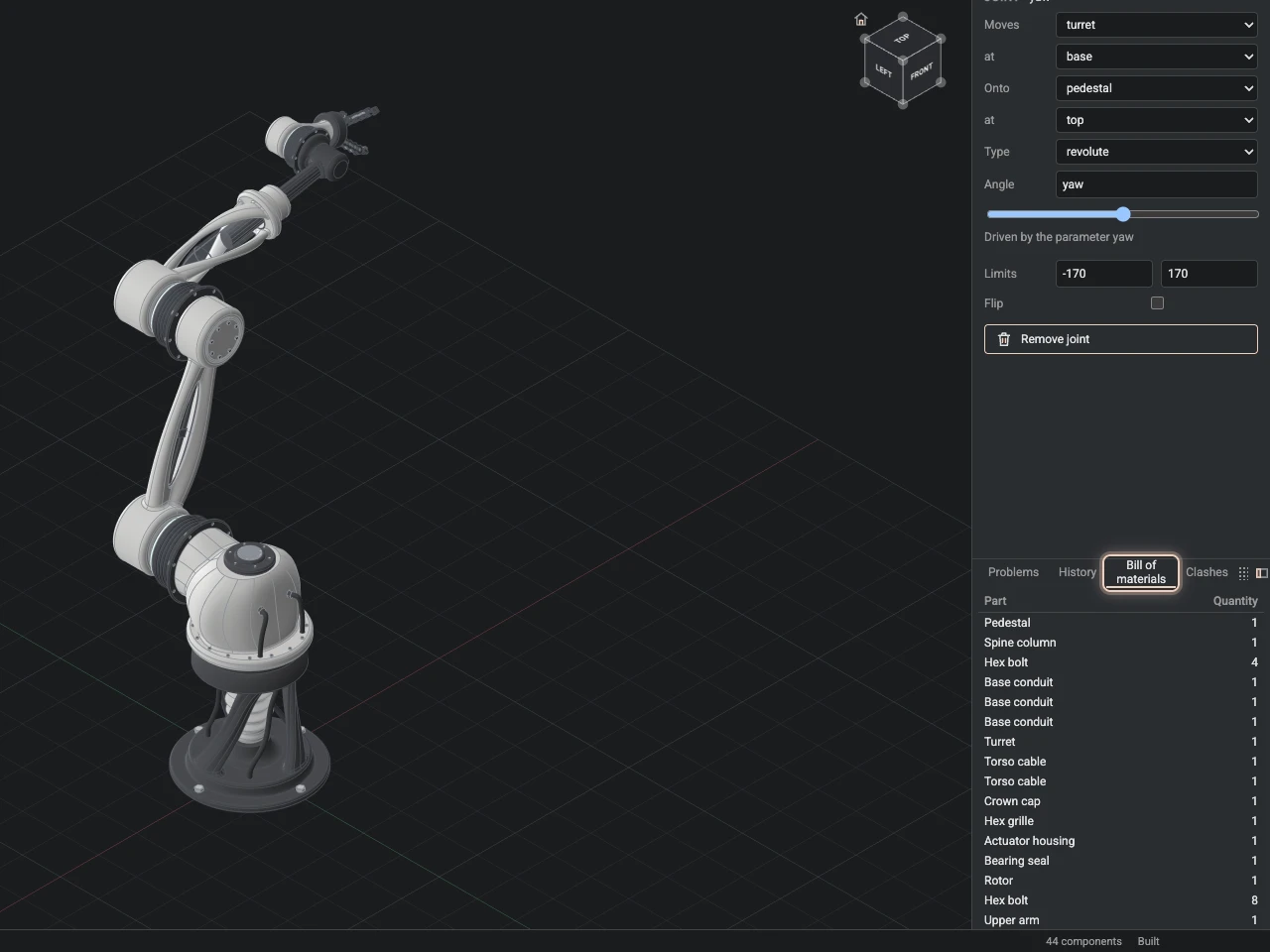 The robot arm's bill of materials in the dock: each part and how many times the assembly places it