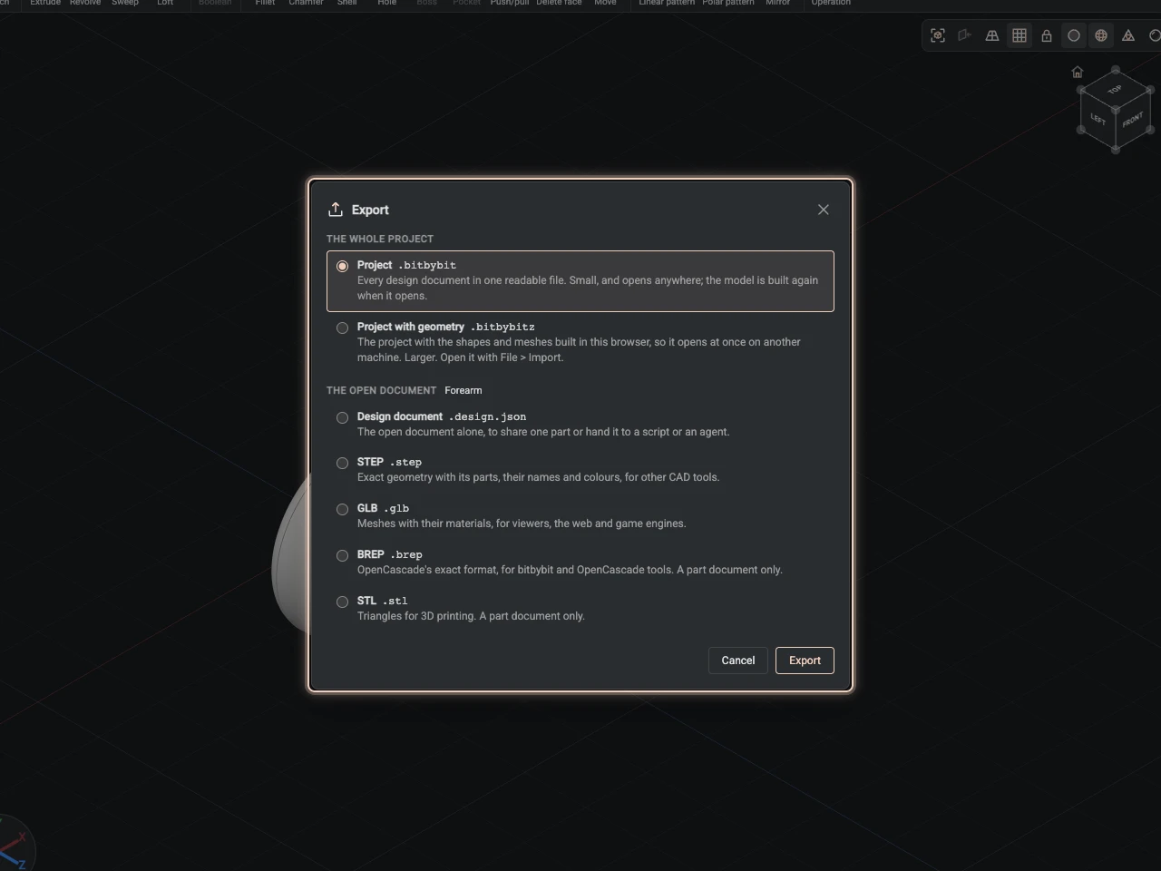The export dialog: the whole project, with or without geometry, or the open document as a design document, STEP, GLB, BREP or STL