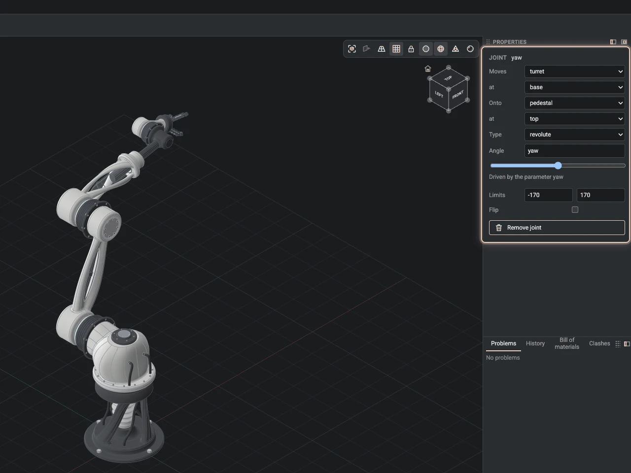 A joint of the robot arm in Properties: the components and connectors it joins, its type, its angle and its limits