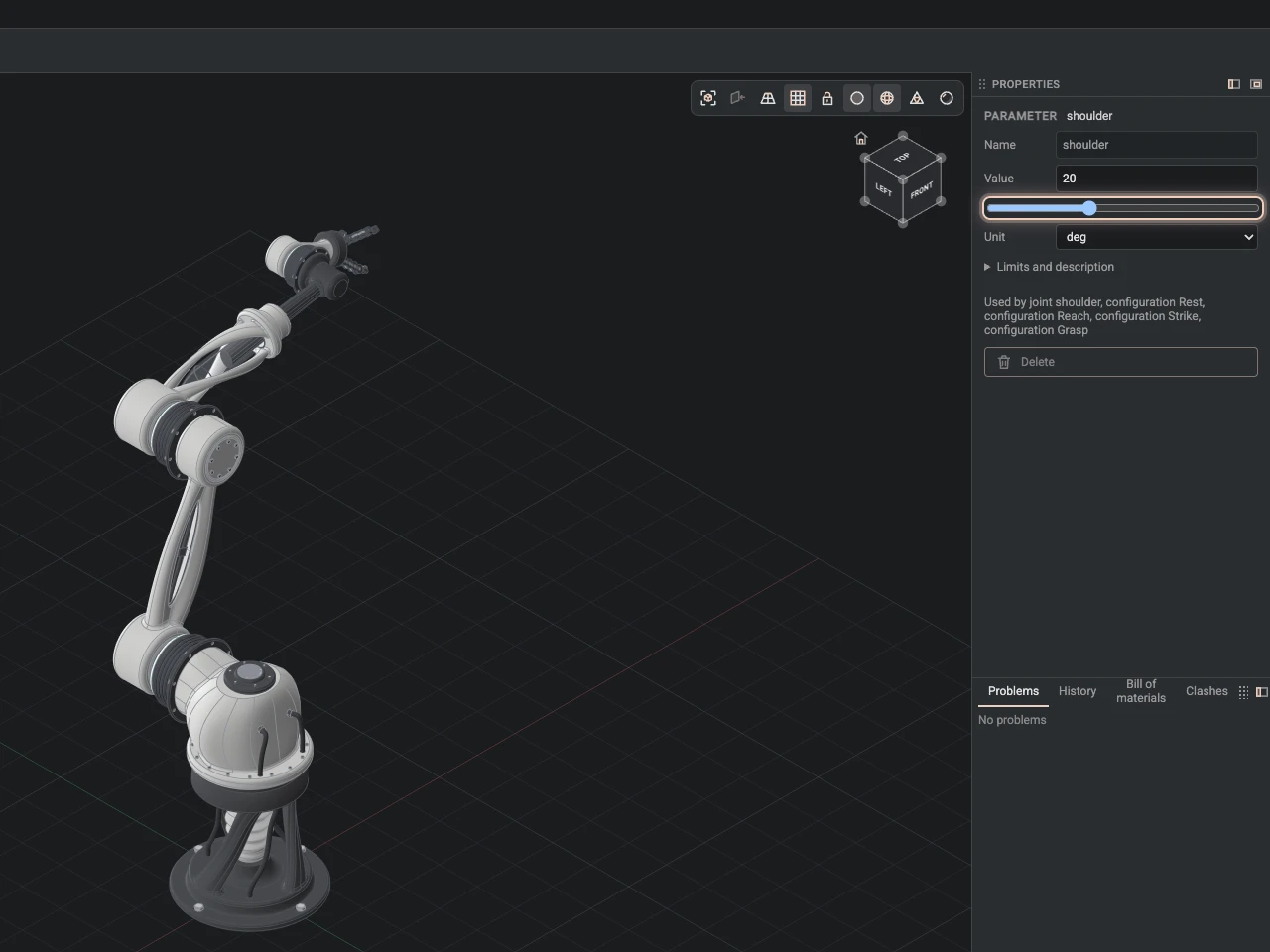 A parameter of the robot arm in Properties: its value, its slider and its unit, the arm beside it