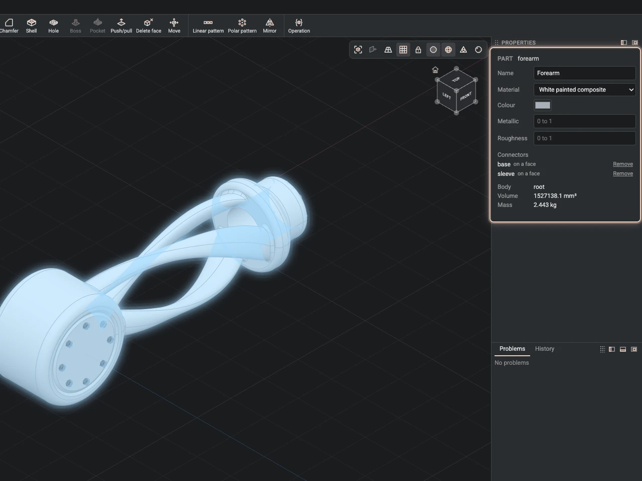 A part of the robot arm in Properties: its name, material, colour and finish, with its volume and mass