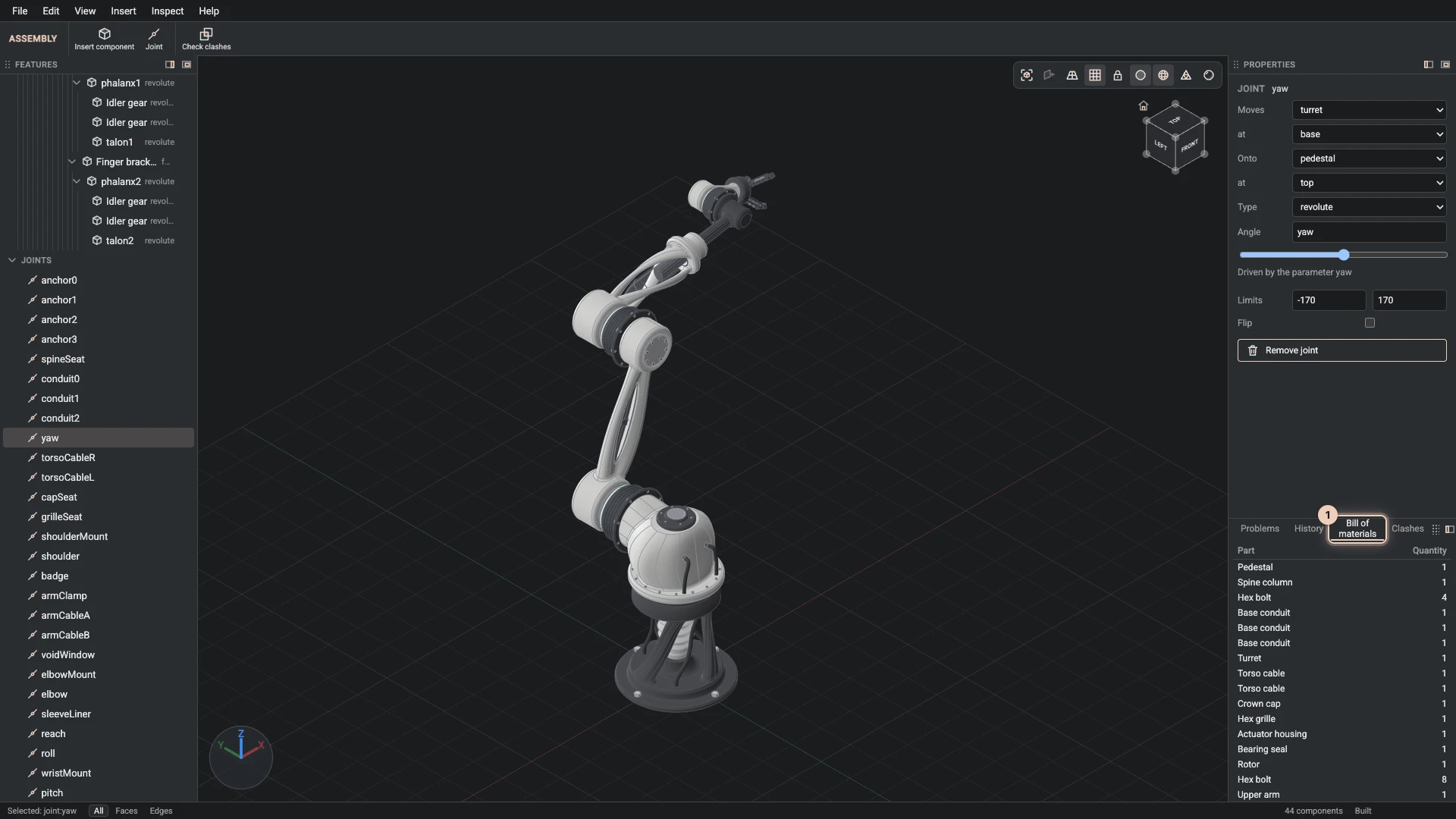 The bill of materials of the robot arm in the dock: every part with how many times it is placed