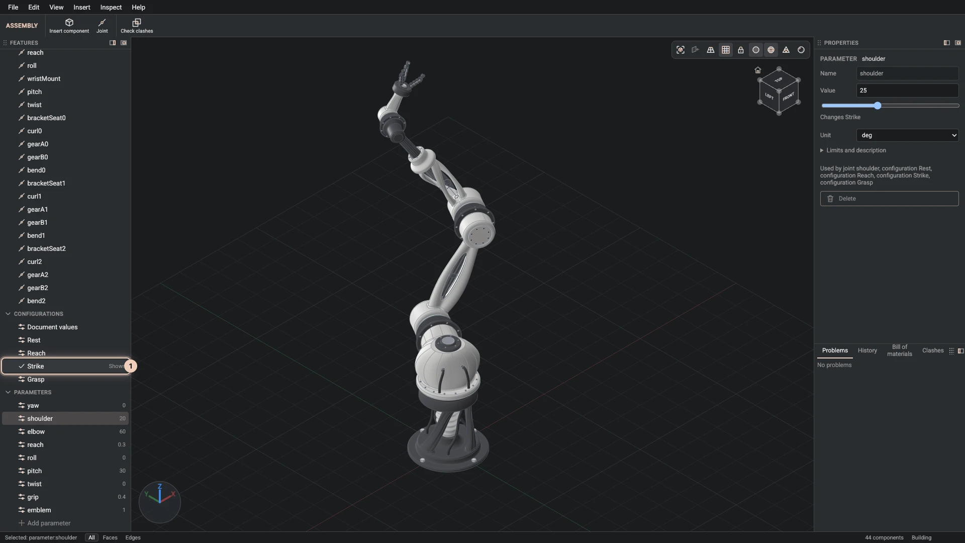 The robot arm in its strike configuration, chosen in the Features panel's Configurations group