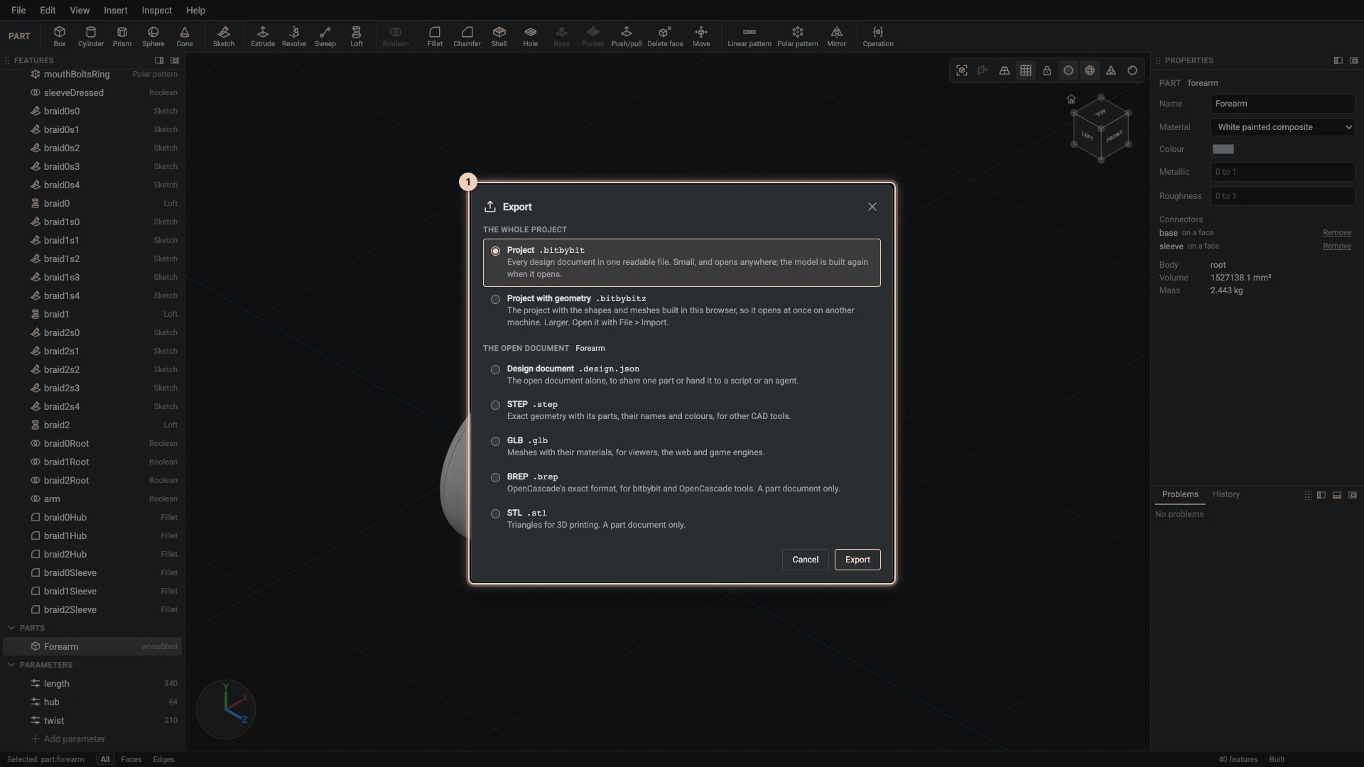 The export dialog: the whole project, with or without geometry, or the open document as a design document, STEP, GLB, BREP or STL