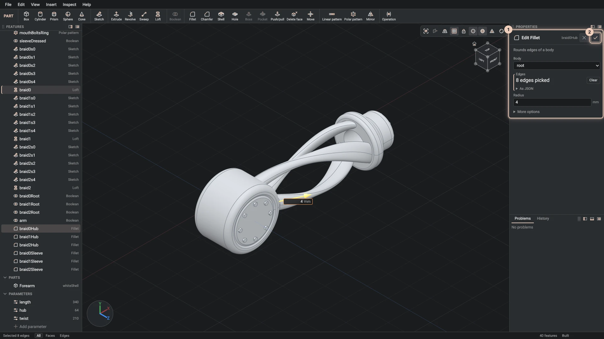 Editing a fillet of the forearm: its dialog with the edges it rounds and its radius, and the handle in the view