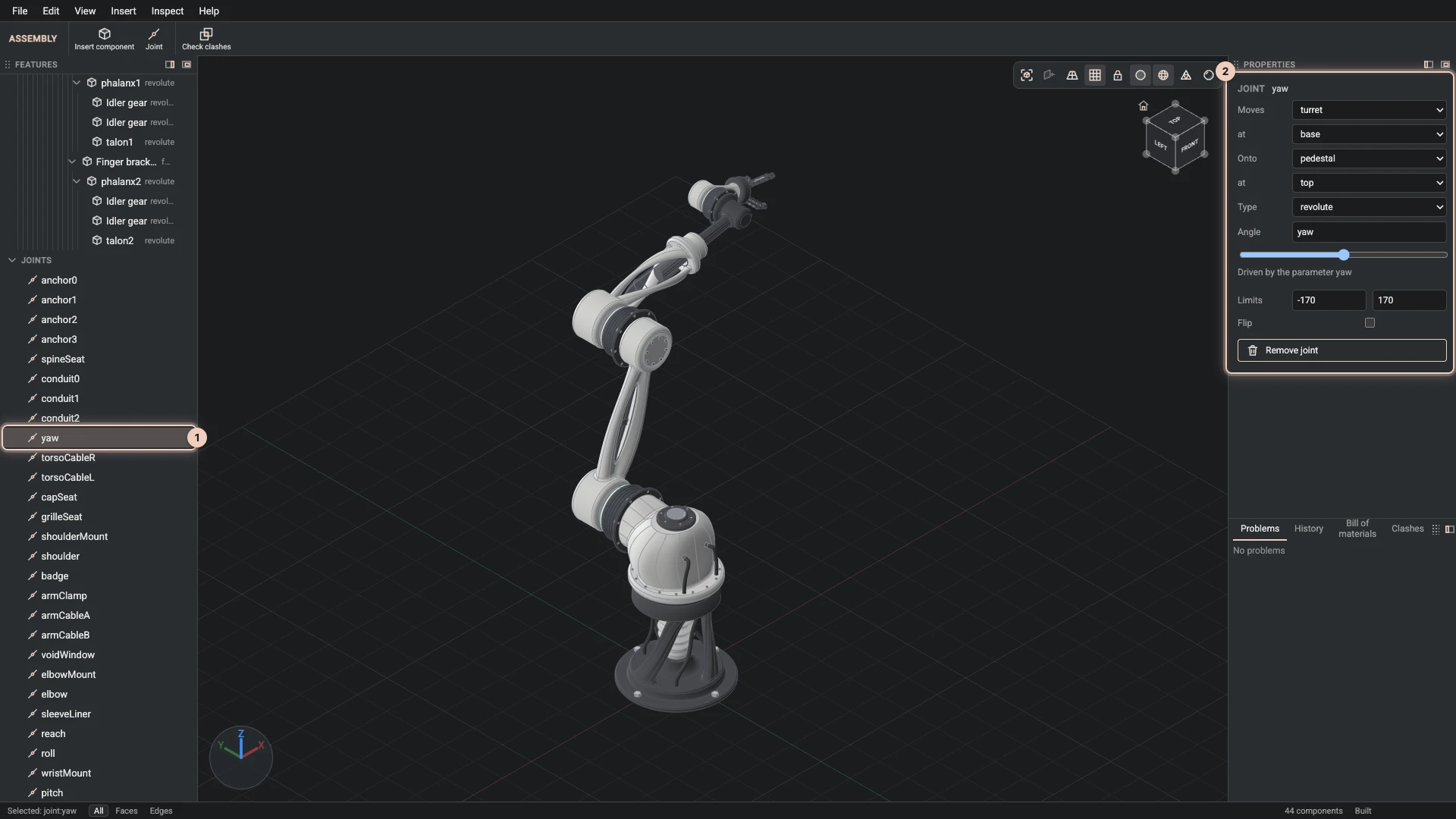 The yaw joint selected: its type, the components and connectors it joins, its angle and limits