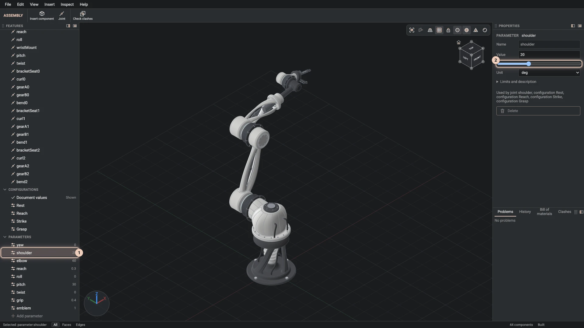 The shoulder parameter selected in the Features panel, its value and slider in Properties