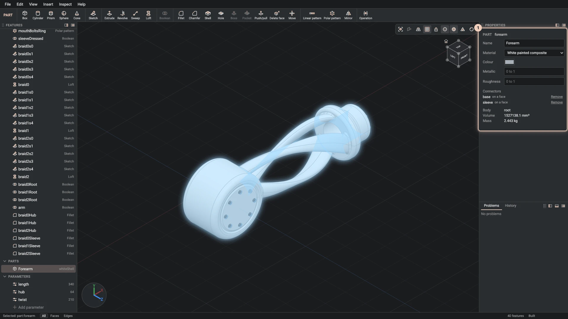 The forearm part selected: its name, material, colour, volume and mass