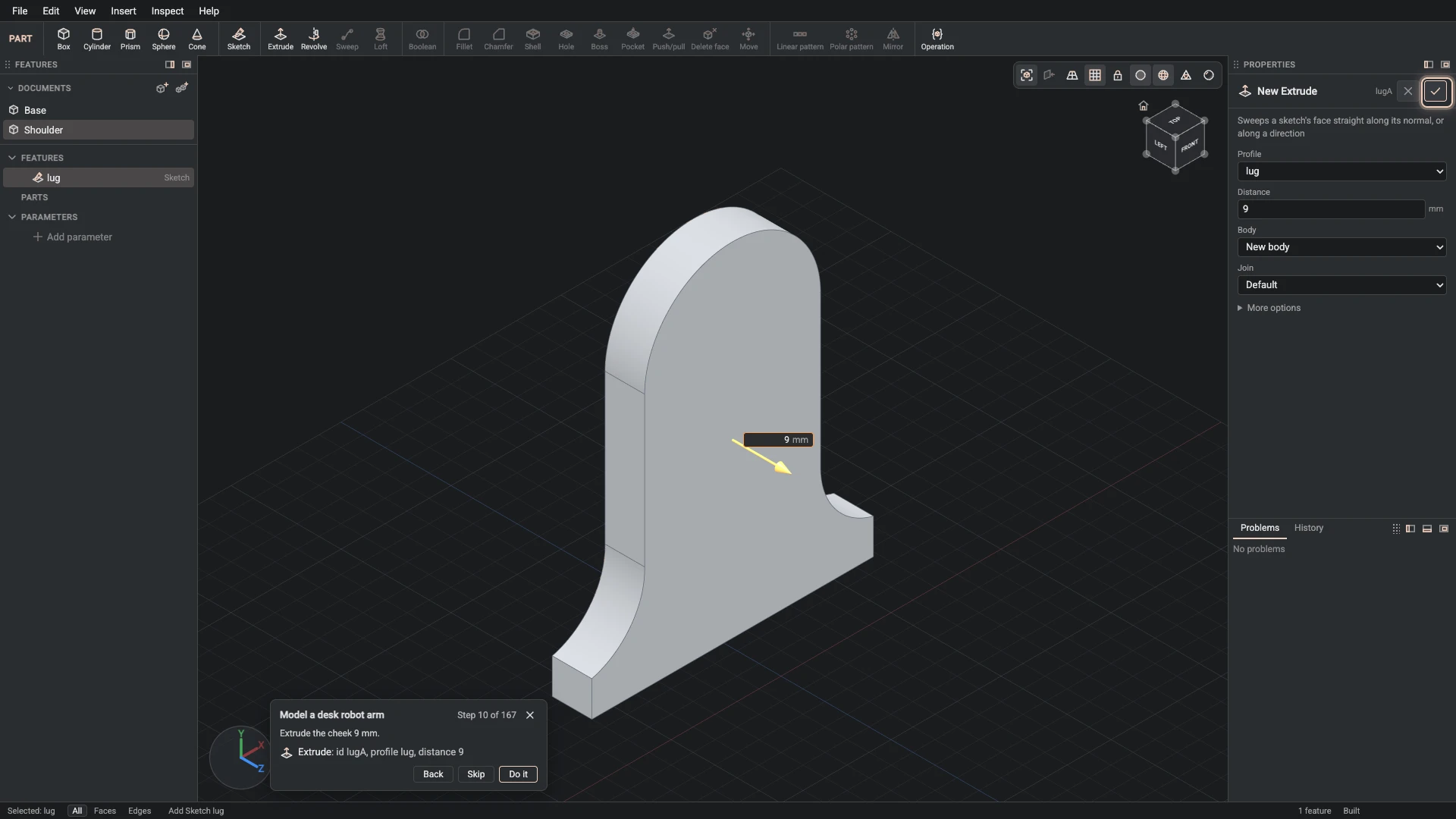Model a desk robot arm, step 10: the Extrude dialog filled in with the step's values, the tutorial card beside it ringing OK