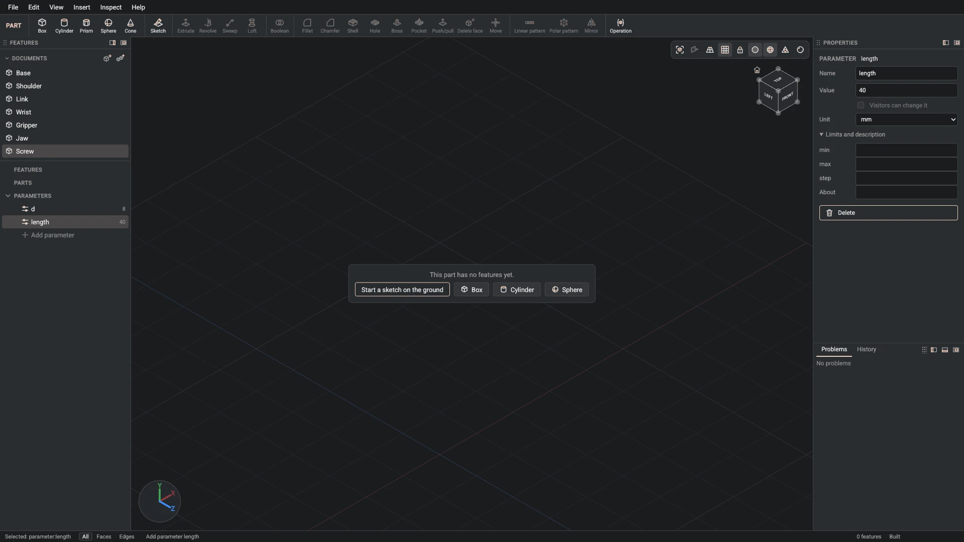 Model a desk robot arm, step 100: Parameter made, and what it made selected in the panels