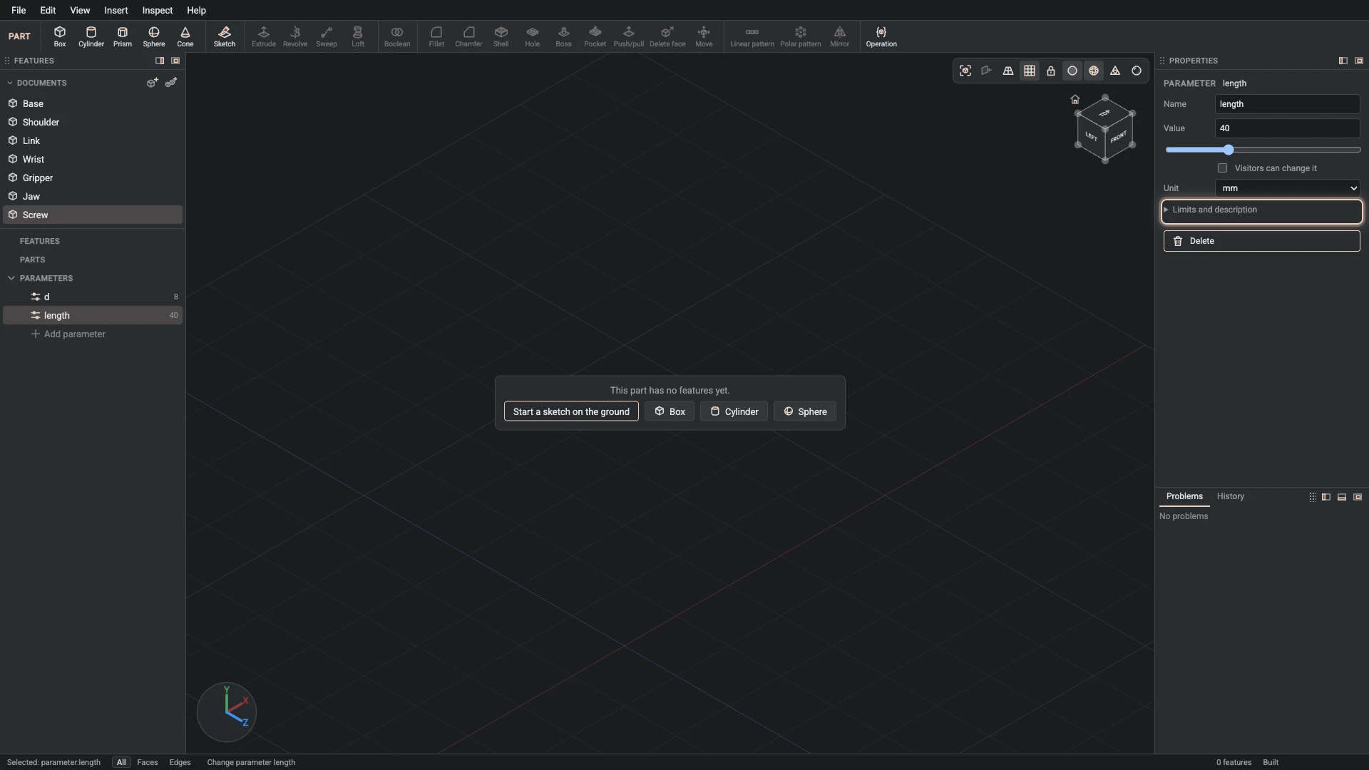 Model a desk robot arm, step 101: Change parameter made, and what it made selected in the panels