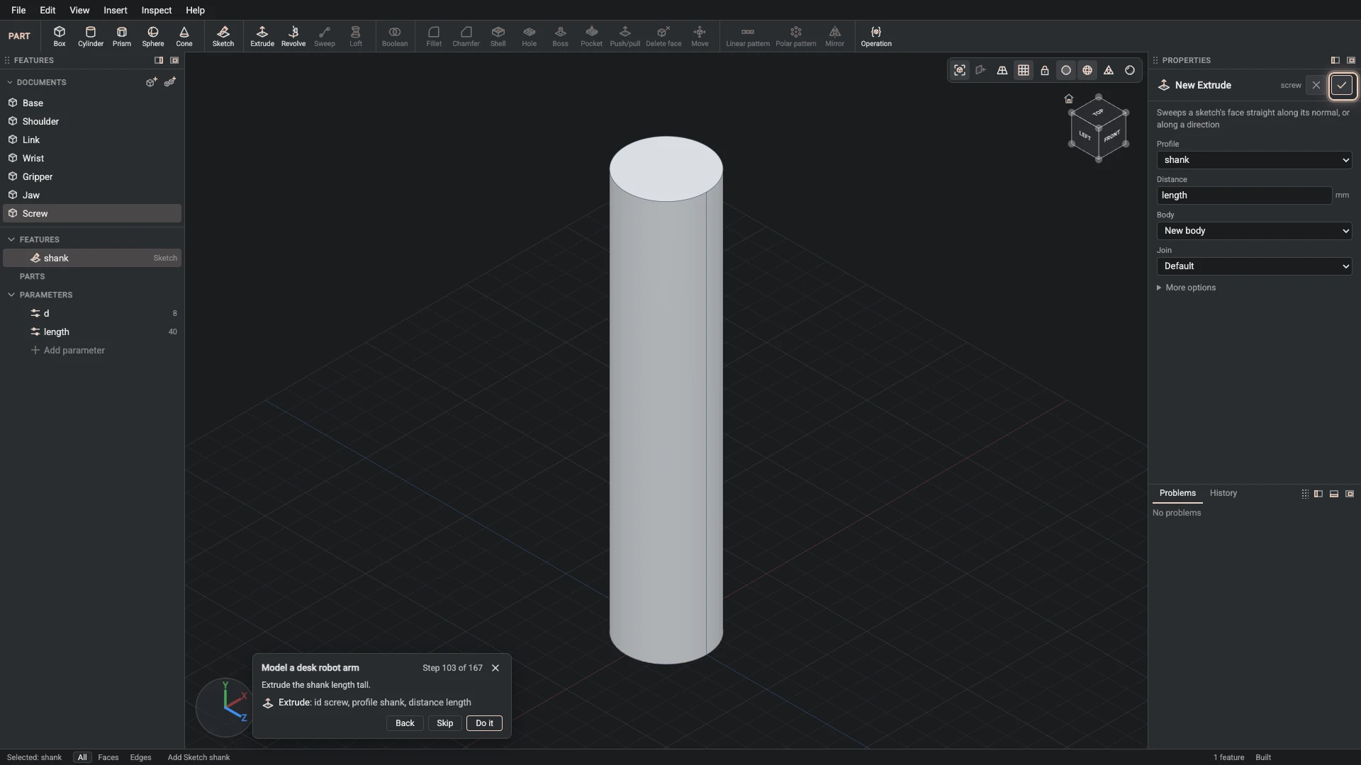 Model a desk robot arm, step 103: the Extrude dialog filled in with the step's values, the tutorial card beside it ringing OK