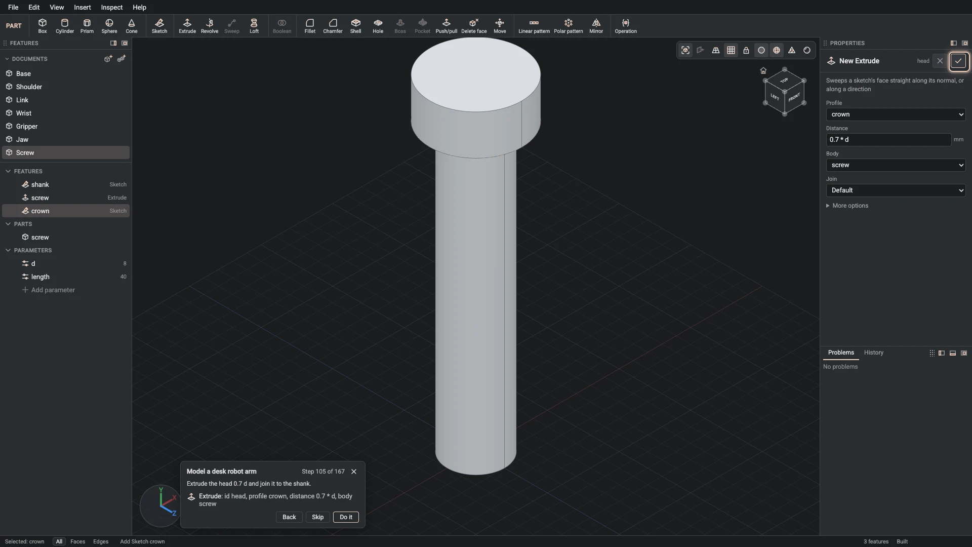 Model a desk robot arm, step 105: the Extrude dialog filled in with the step's values, the tutorial card beside it ringing OK