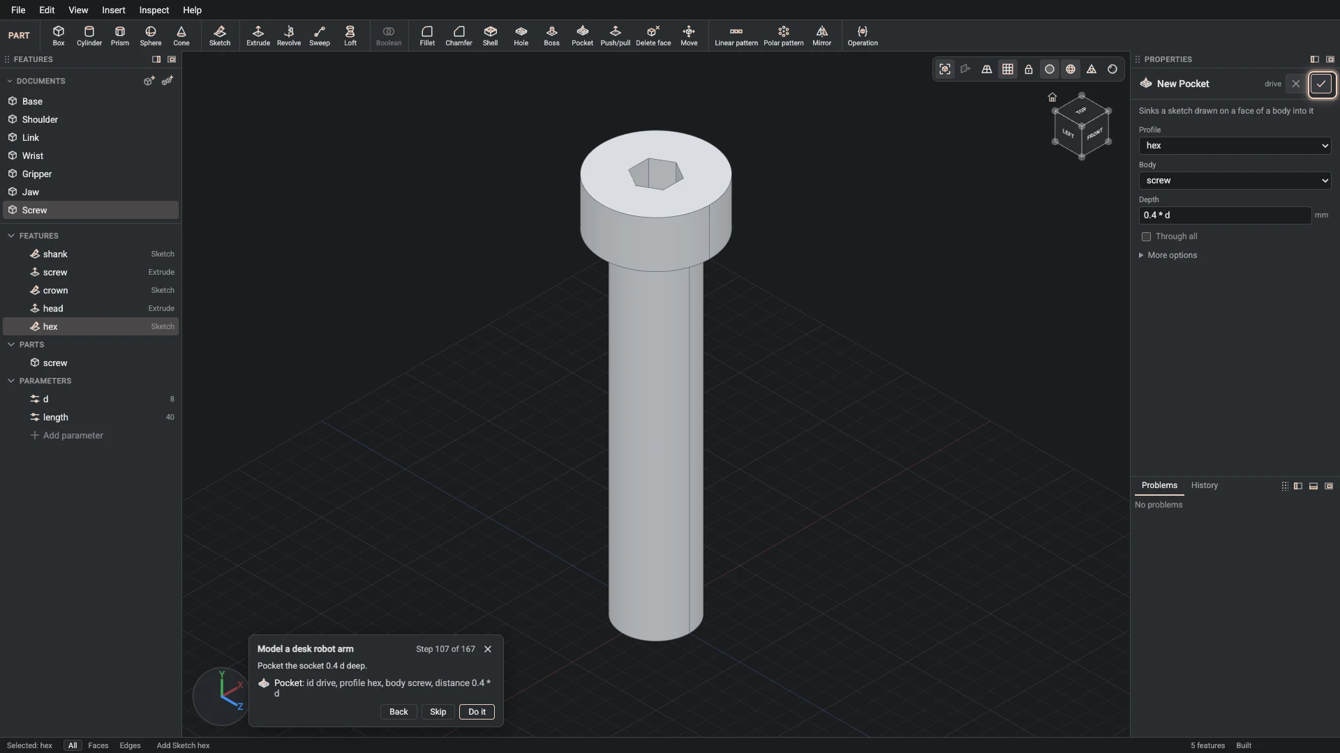 Model a desk robot arm, step 107: the Pocket dialog filled in with the step's values, the tutorial card beside it ringing OK