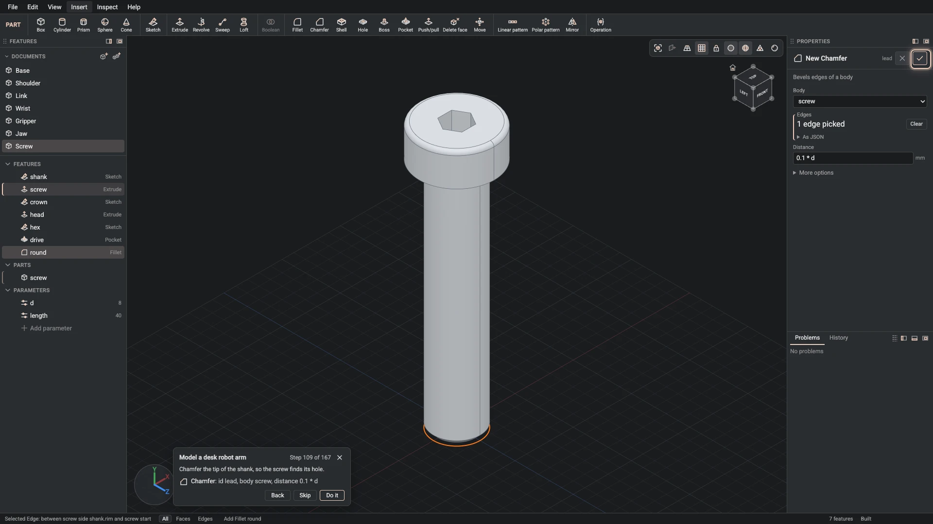 Model a desk robot arm, step 109: the Chamfer dialog filled in with the step's values, the tutorial card beside it ringing OK