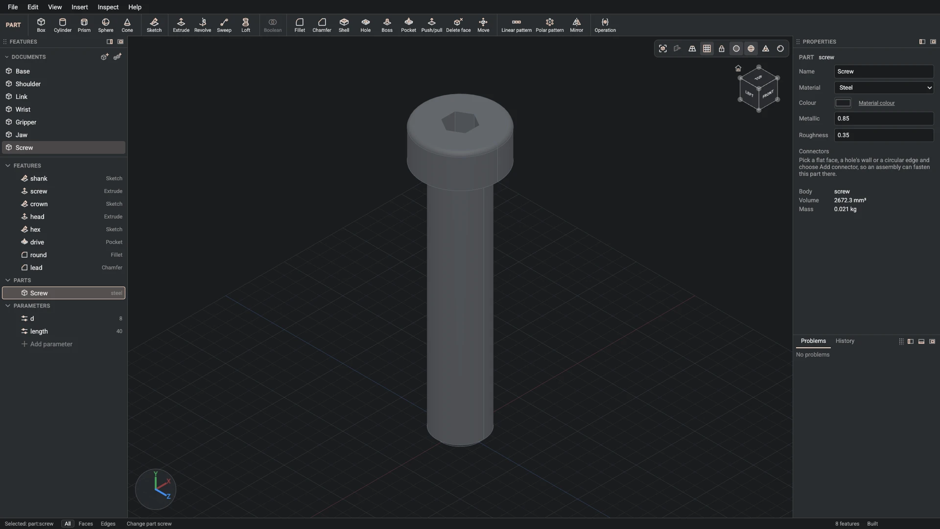 Model a desk robot arm, step 110: Part properties made, and what it made selected in the panels