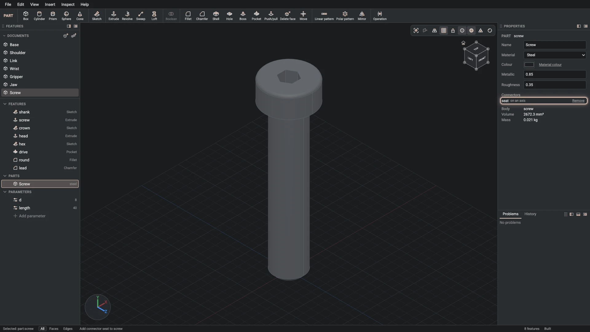 Model a desk robot arm, step 111: Add connector made, and what it made selected in the panels