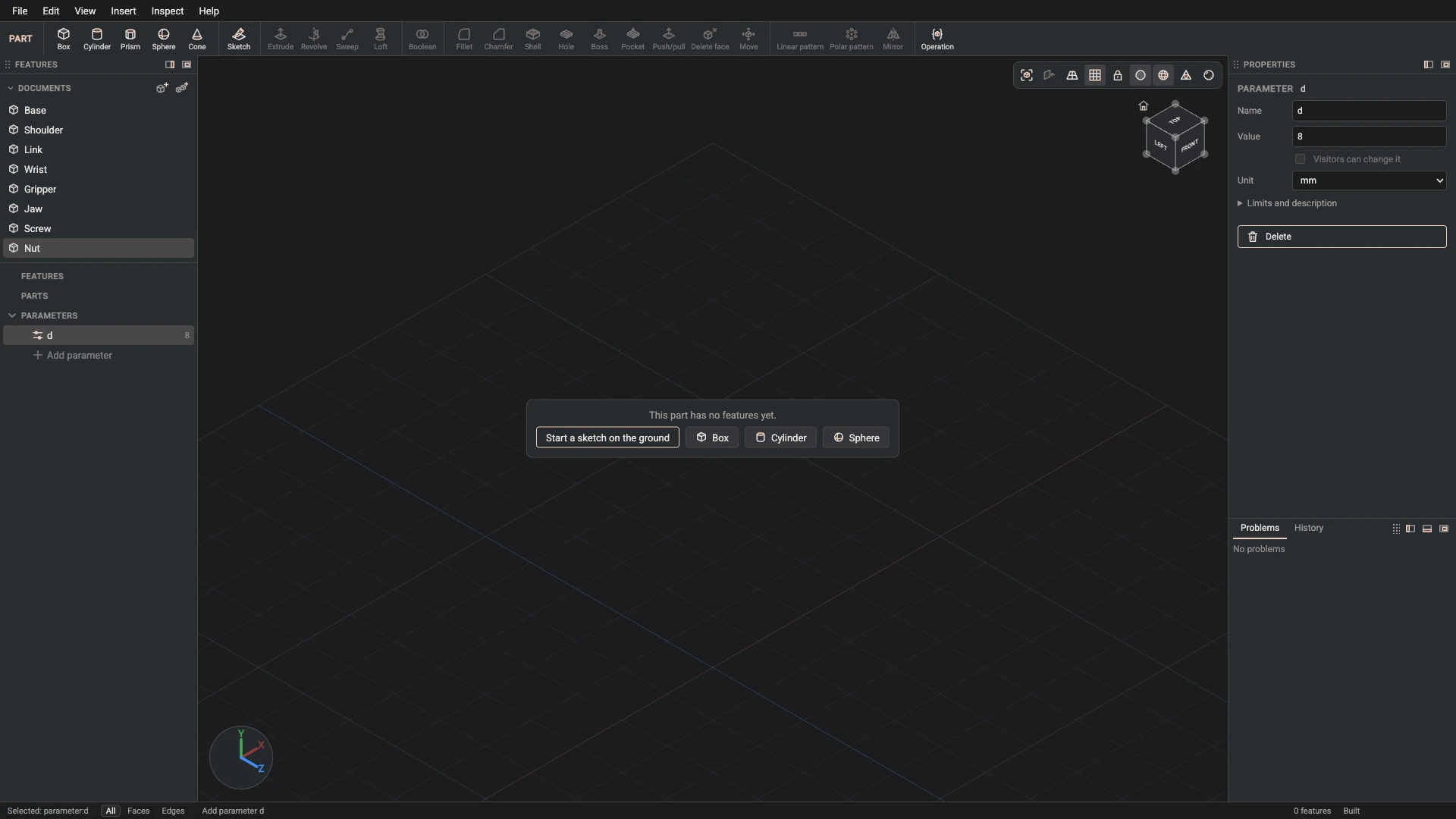 Model a desk robot arm, step 113: Parameter made, and what it made selected in the panels
