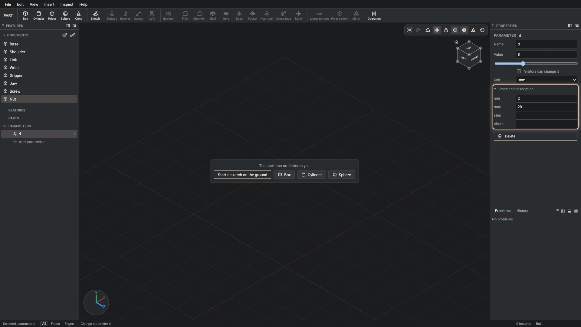 Model a desk robot arm, step 114: Change parameter made, and what it made selected in the panels
