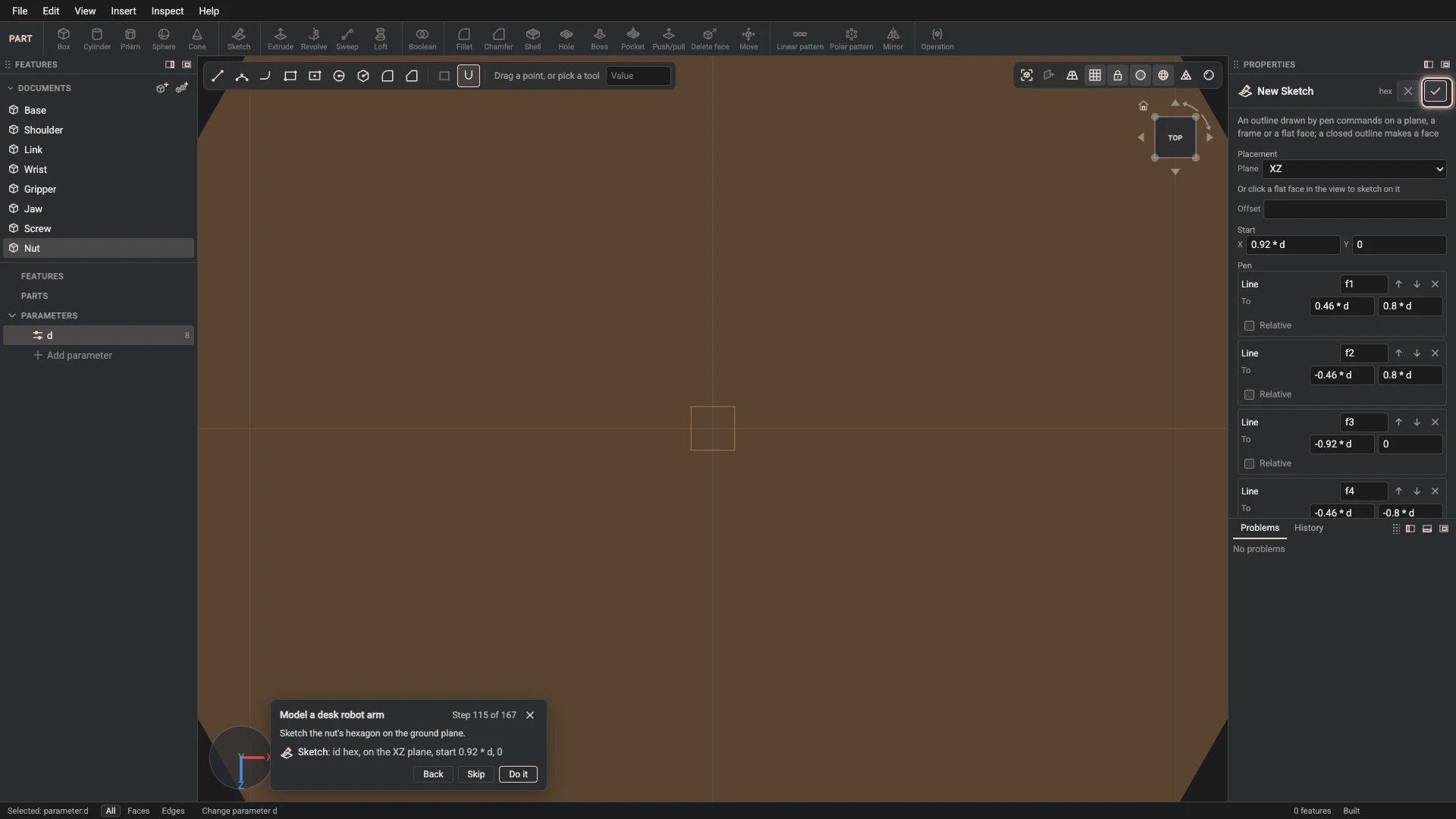 Model a desk robot arm, step 115: the Sketch dialog filled in with the step's values, the tutorial card beside it ringing OK