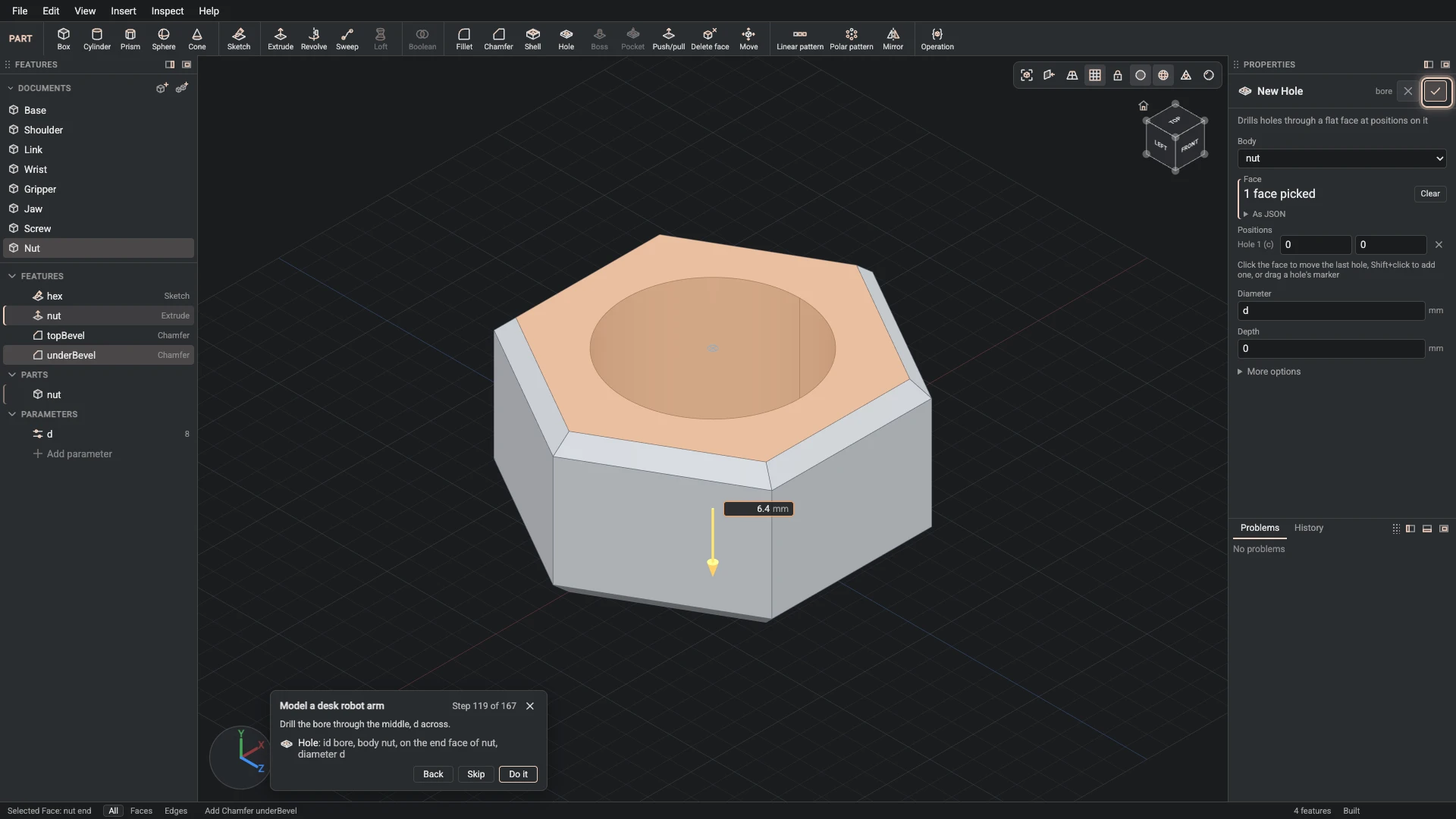 Model a desk robot arm, step 119: the Hole dialog filled in with the step's values, the tutorial card beside it ringing OK