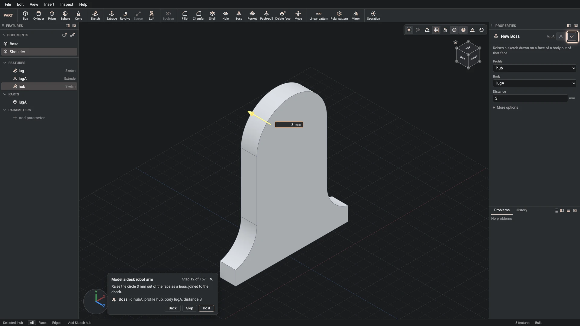 Model a desk robot arm, step 12: the Boss dialog filled in with the step's values, the tutorial card beside it ringing OK