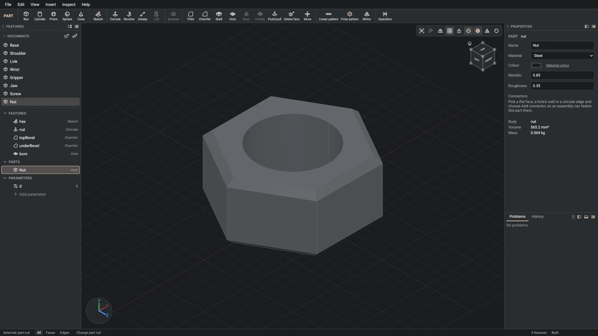 Model a desk robot arm, step 120: Part properties made, and what it made selected in the panels