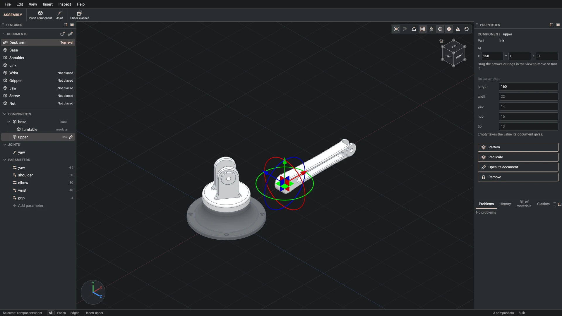 Model a desk robot arm, step 136: Insert component made, and what it made selected in the panels