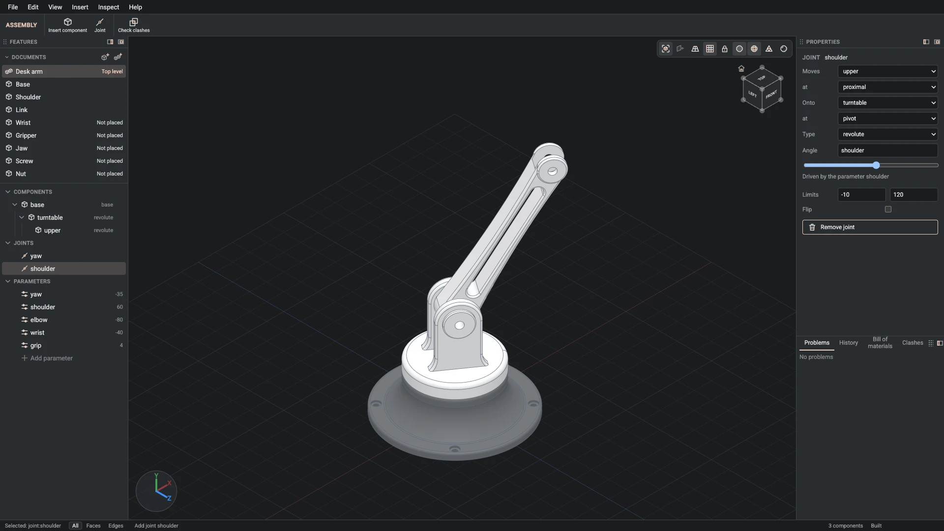 Model a desk robot arm, step 137: Joint made, and what it made selected in the panels