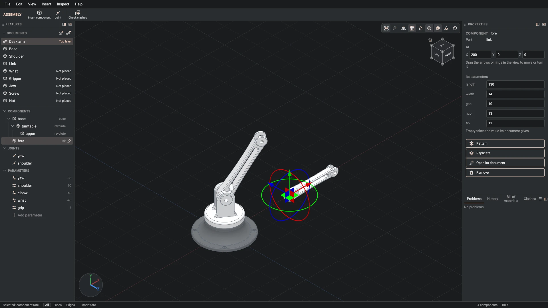 Model a desk robot arm, step 138: Insert component made, and what it made selected in the panels