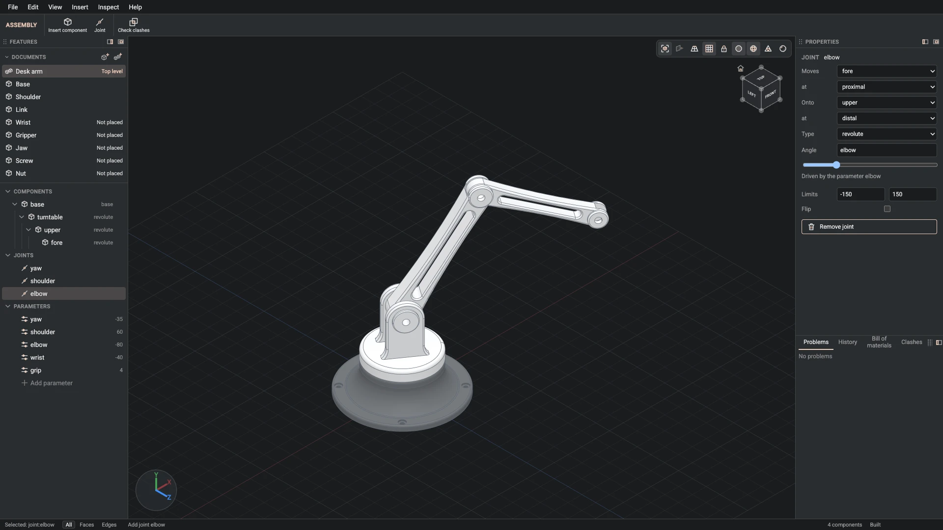 Model a desk robot arm, step 139: Joint made, and what it made selected in the panels
