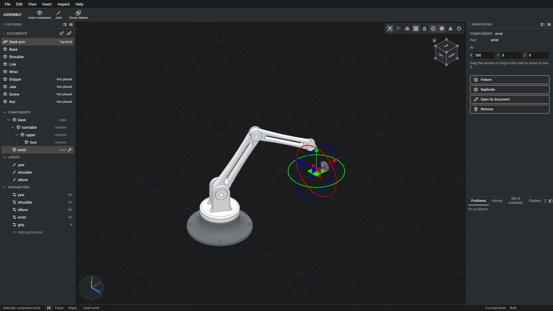 Model a desk robot arm, step 140: Insert component made, and what it made selected in the panels