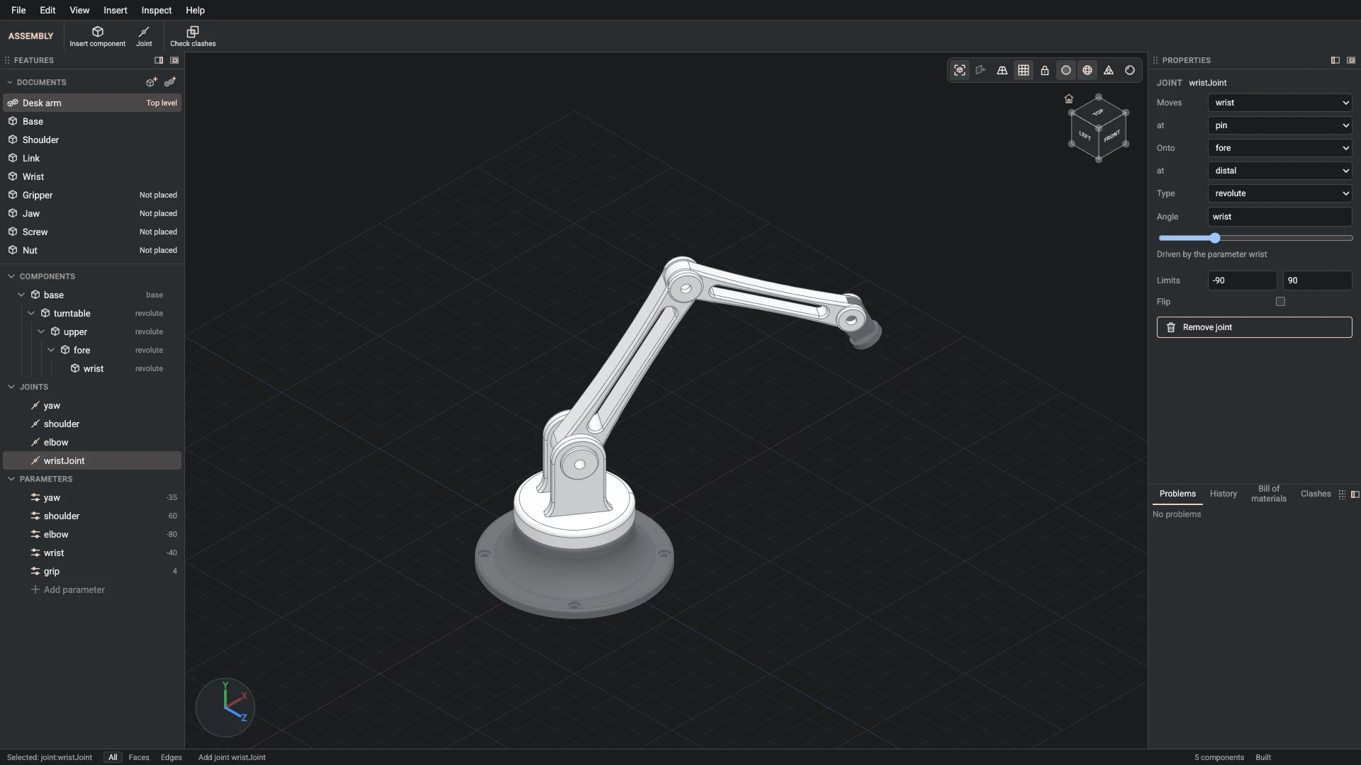 Model a desk robot arm, step 141: Joint made, and what it made selected in the panels