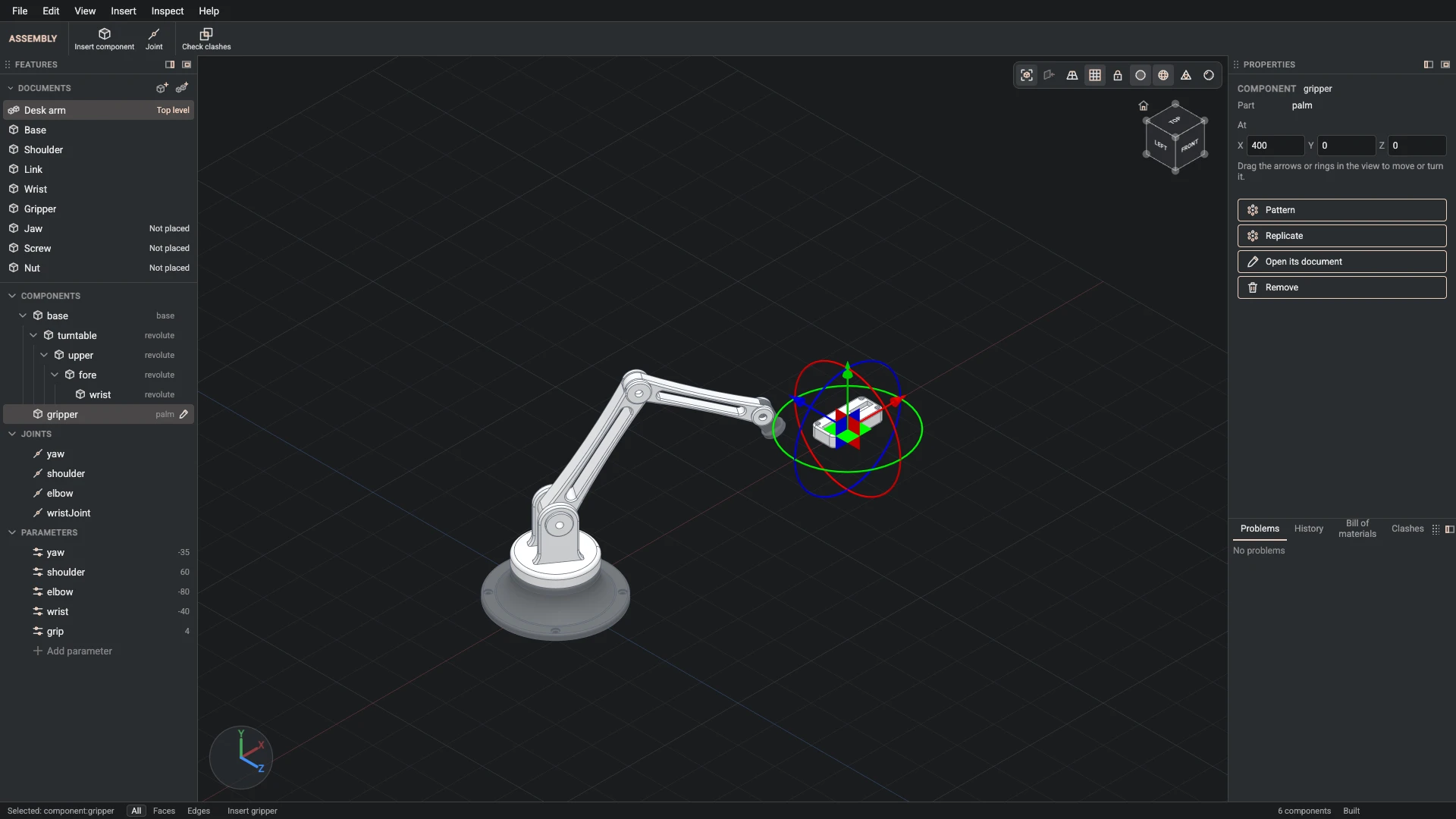 Model a desk robot arm, step 142: Insert component made, and what it made selected in the panels
