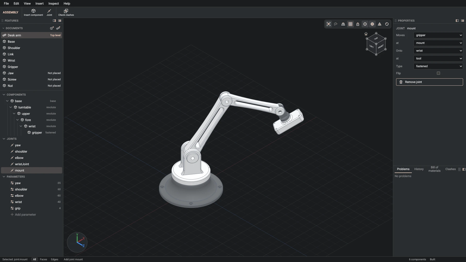 Model a desk robot arm, step 143: Joint made, and what it made selected in the panels