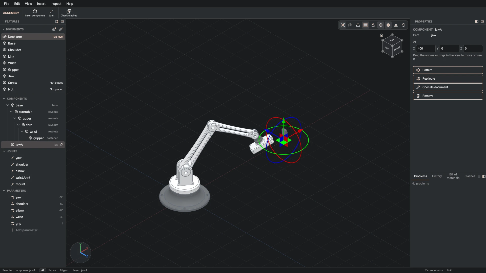 Model a desk robot arm, step 144: Insert component made, and what it made selected in the panels