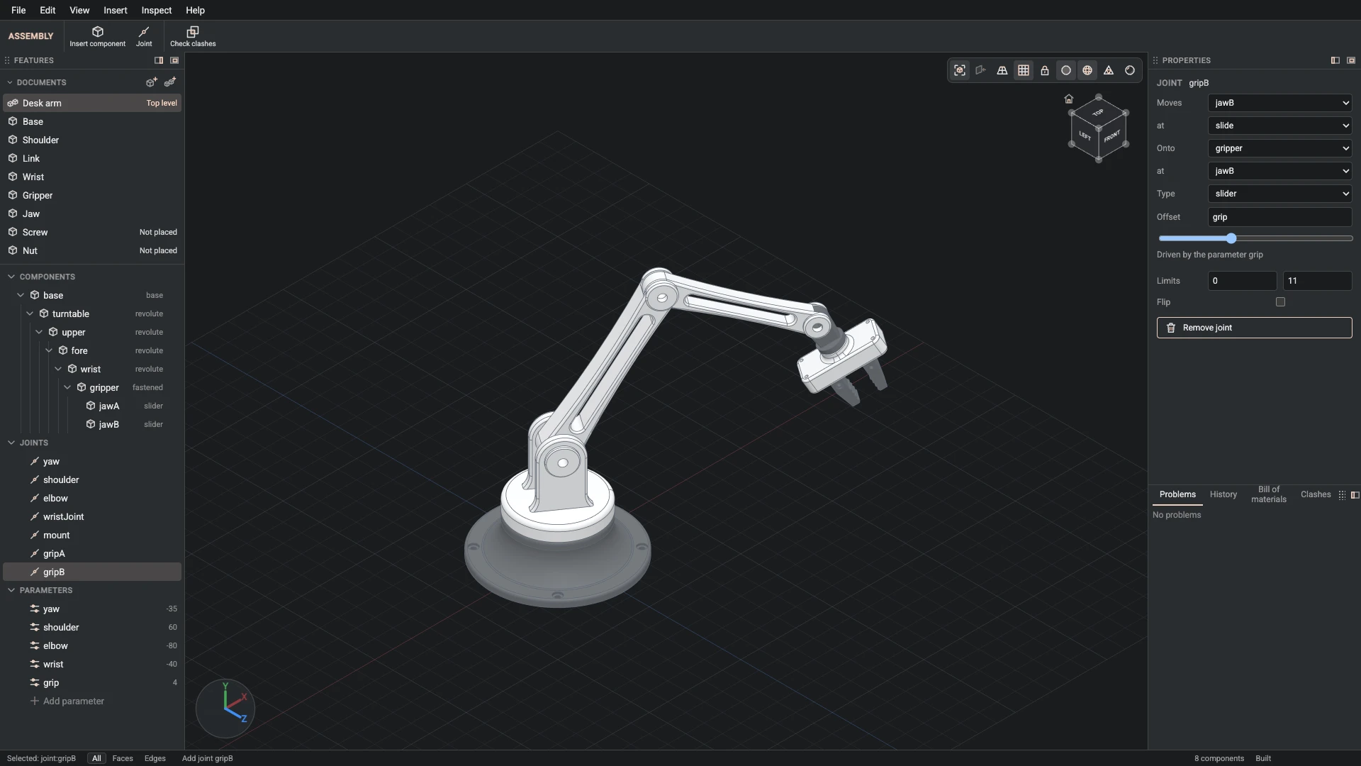 Model a desk robot arm, step 147: Joint made, and what it made selected in the panels