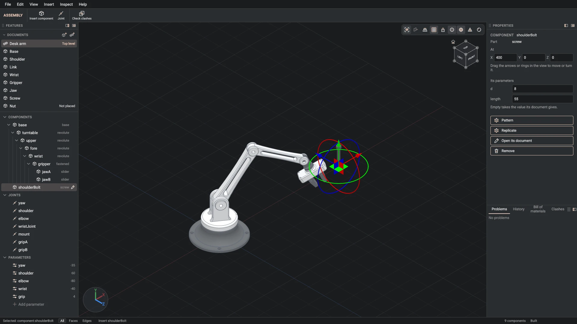 Model a desk robot arm, step 148: Insert component made, and what it made selected in the panels