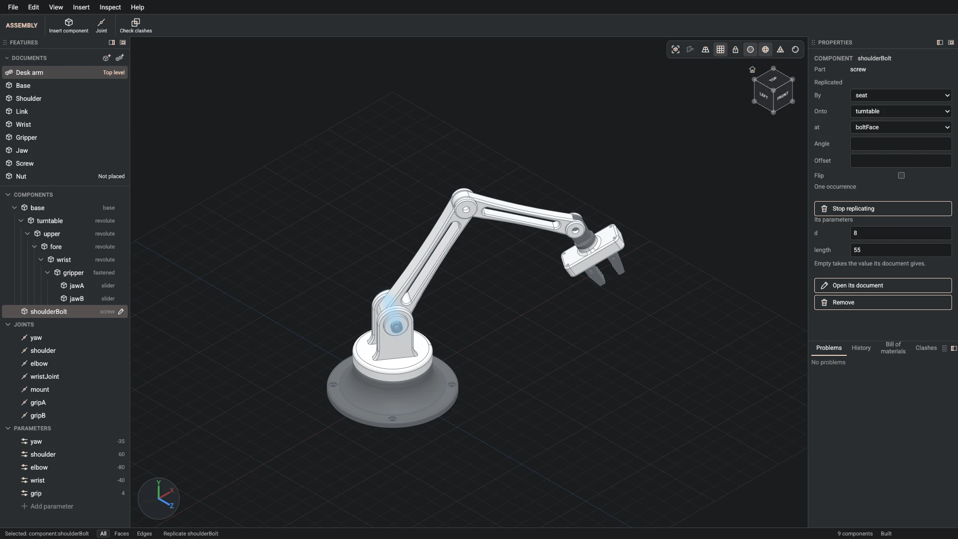 Model a desk robot arm, step 149: Replicate made, and what it made selected in the panels