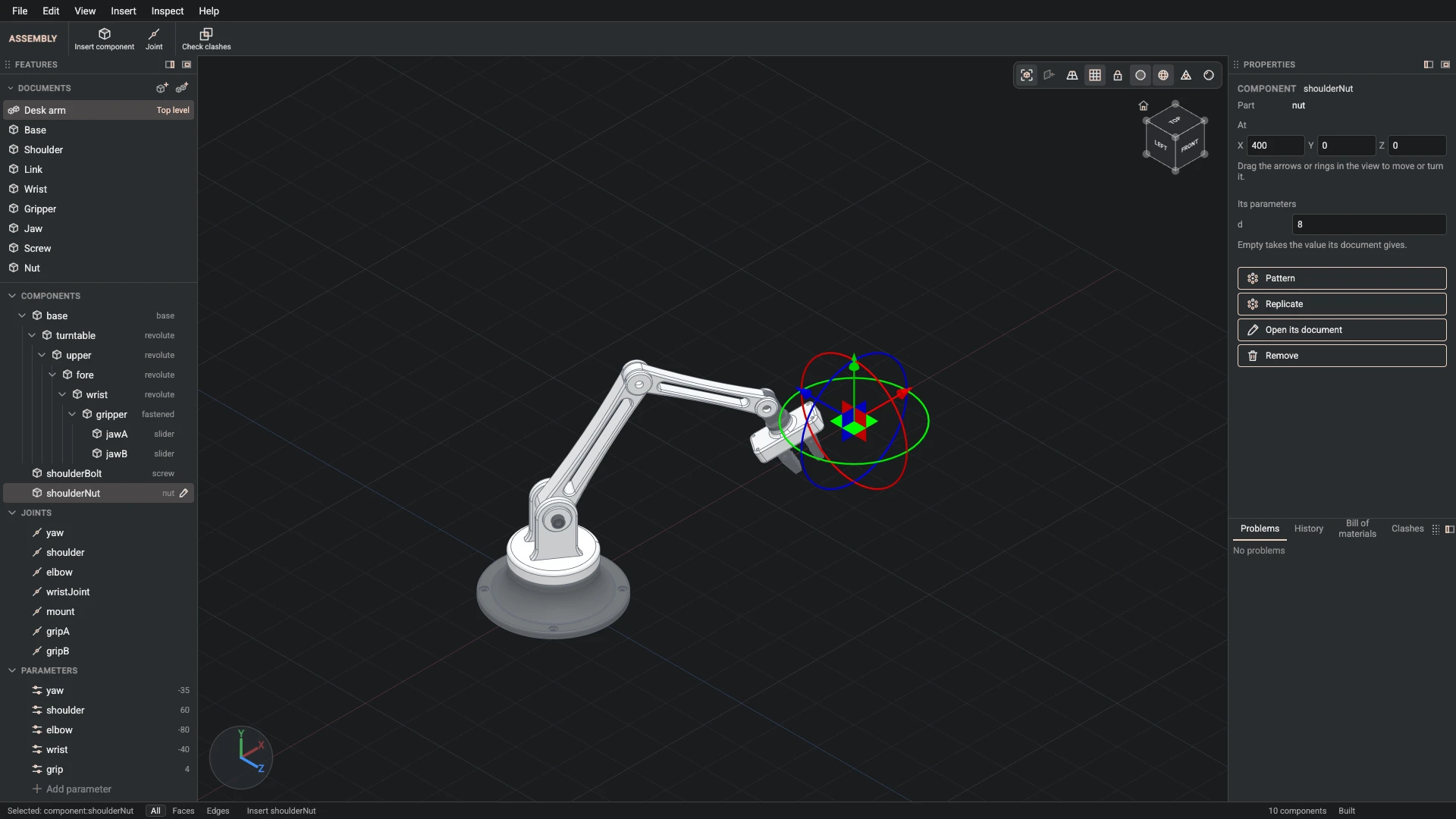 Model a desk robot arm, step 150: Insert component made, and what it made selected in the panels