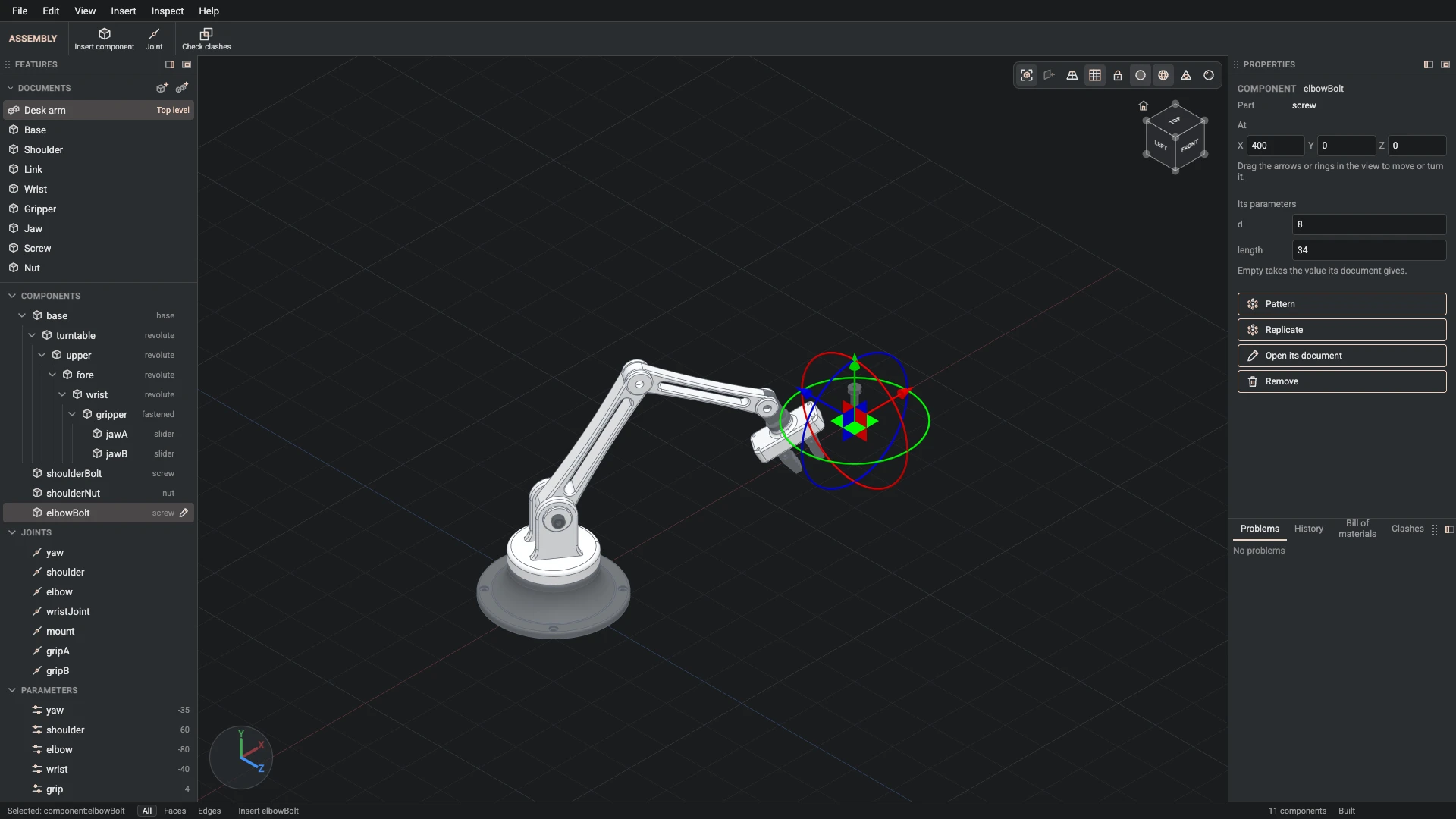 Model a desk robot arm, step 152: Insert component made, and what it made selected in the panels