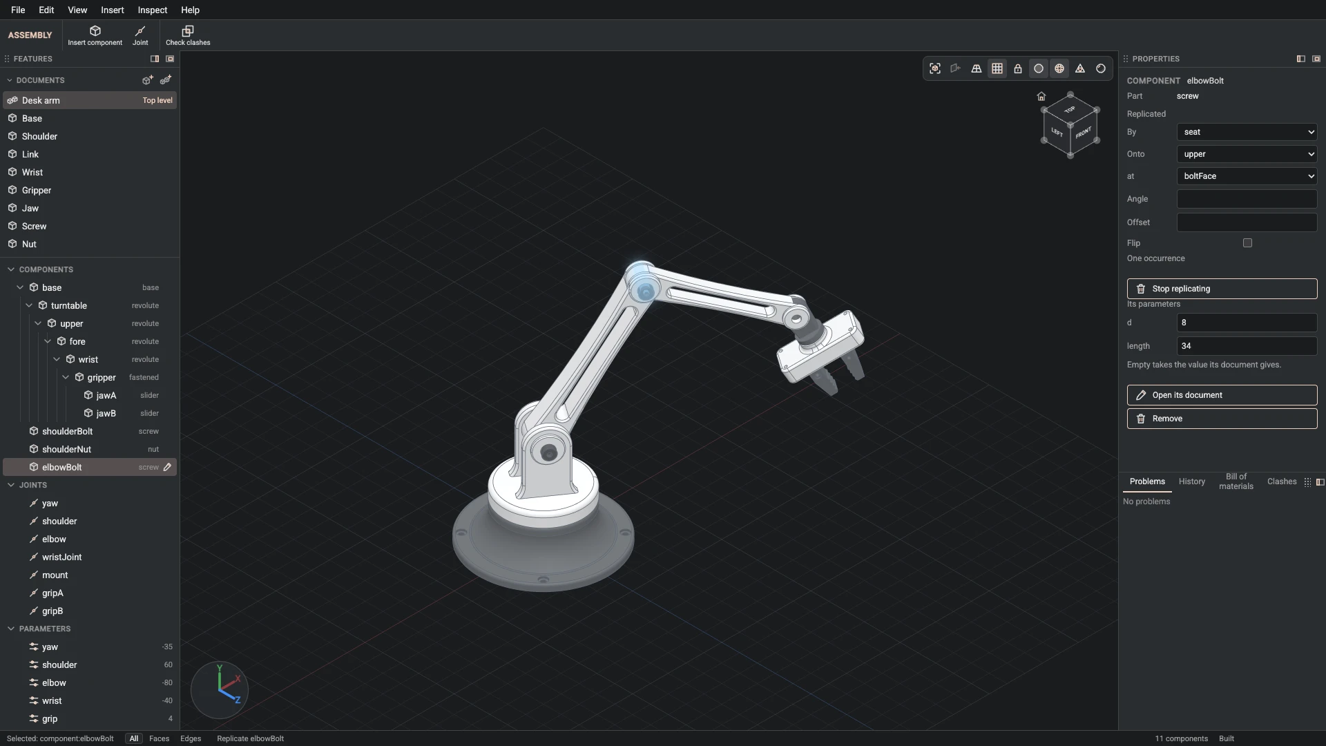 Model a desk robot arm, step 153: Replicate made, and what it made selected in the panels