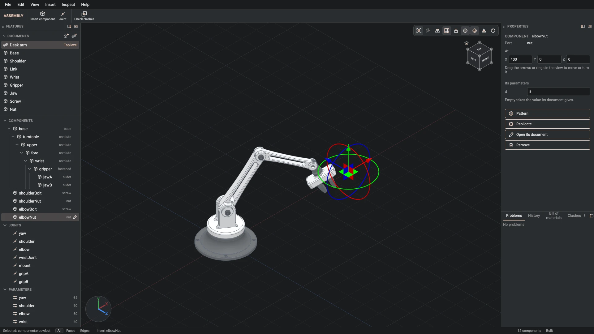 Model a desk robot arm, step 154: Insert component made, and what it made selected in the panels