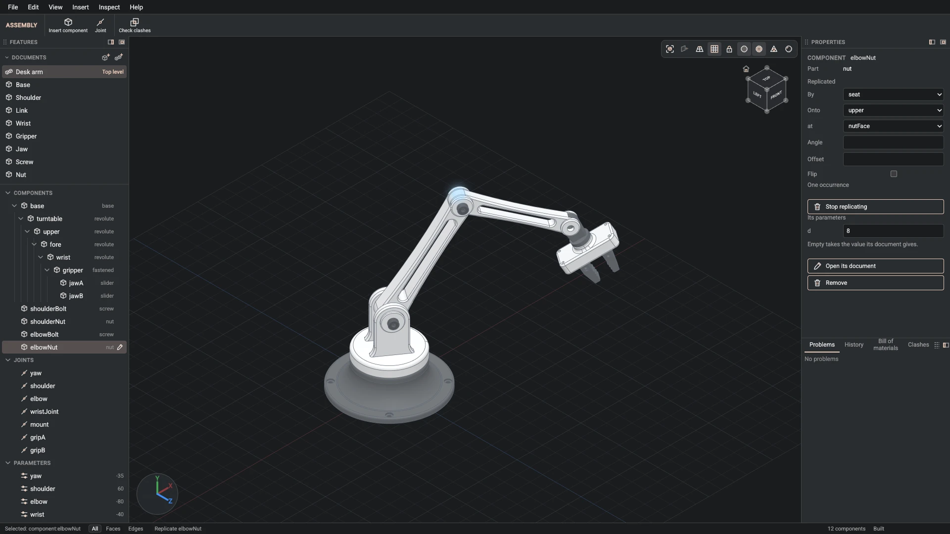 Model a desk robot arm, step 155: Replicate made, and what it made selected in the panels