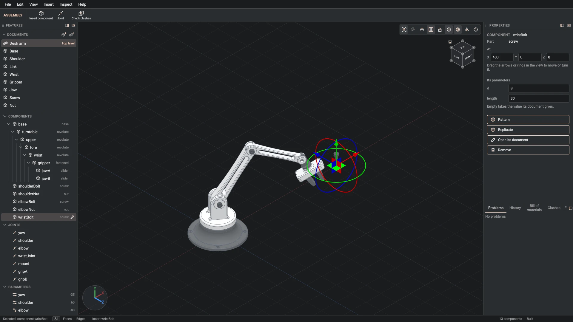 Model a desk robot arm, step 156: Insert component made, and what it made selected in the panels