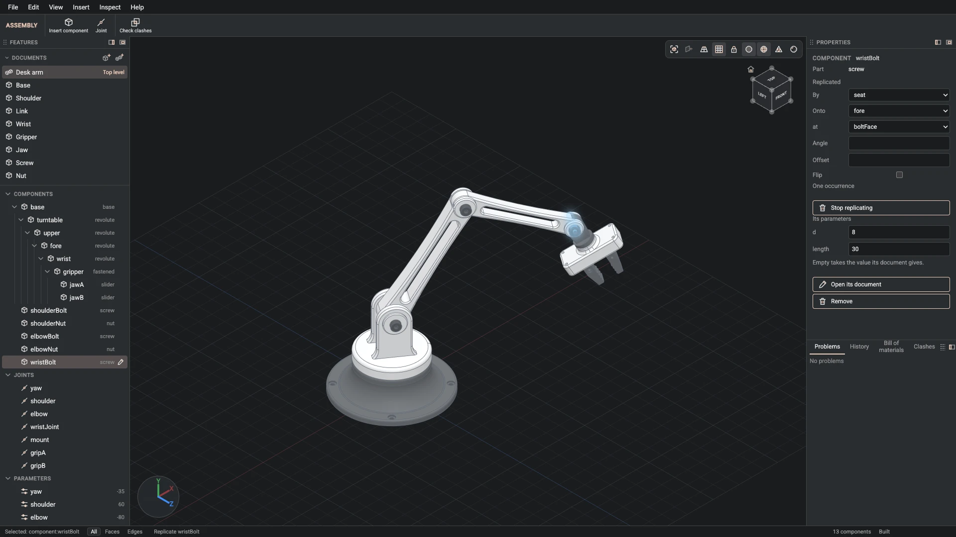 Model a desk robot arm, step 157: Replicate made, and what it made selected in the panels