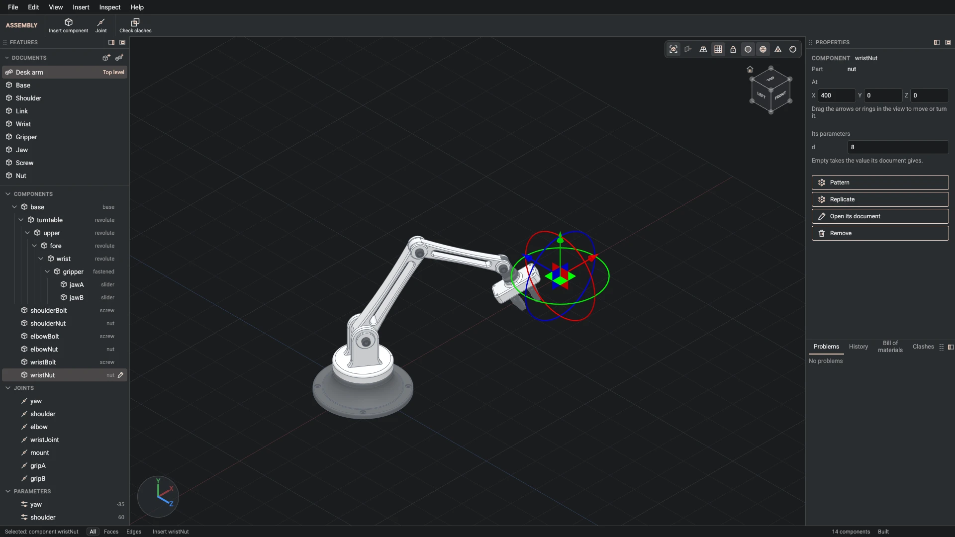 Model a desk robot arm, step 158: Insert component made, and what it made selected in the panels