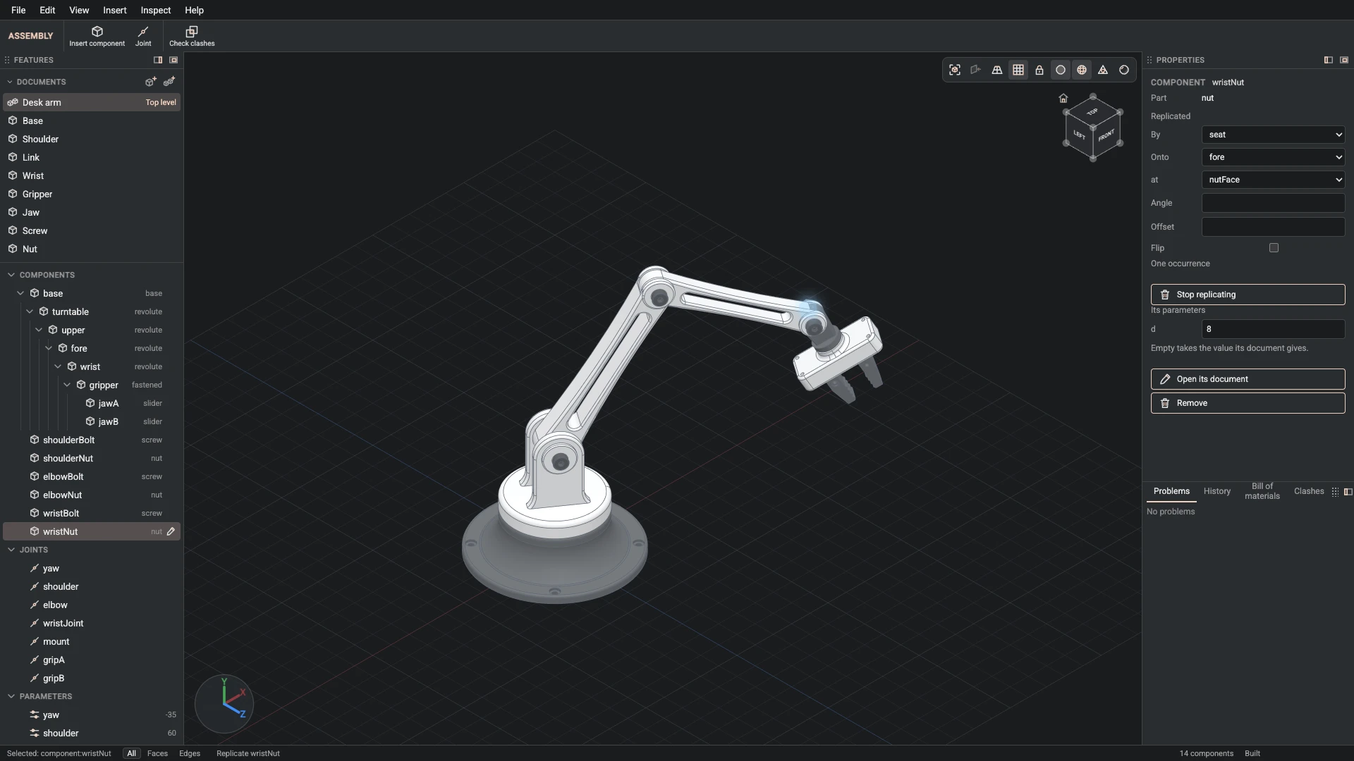 Model a desk robot arm, step 159: Replicate made, and what it made selected in the panels