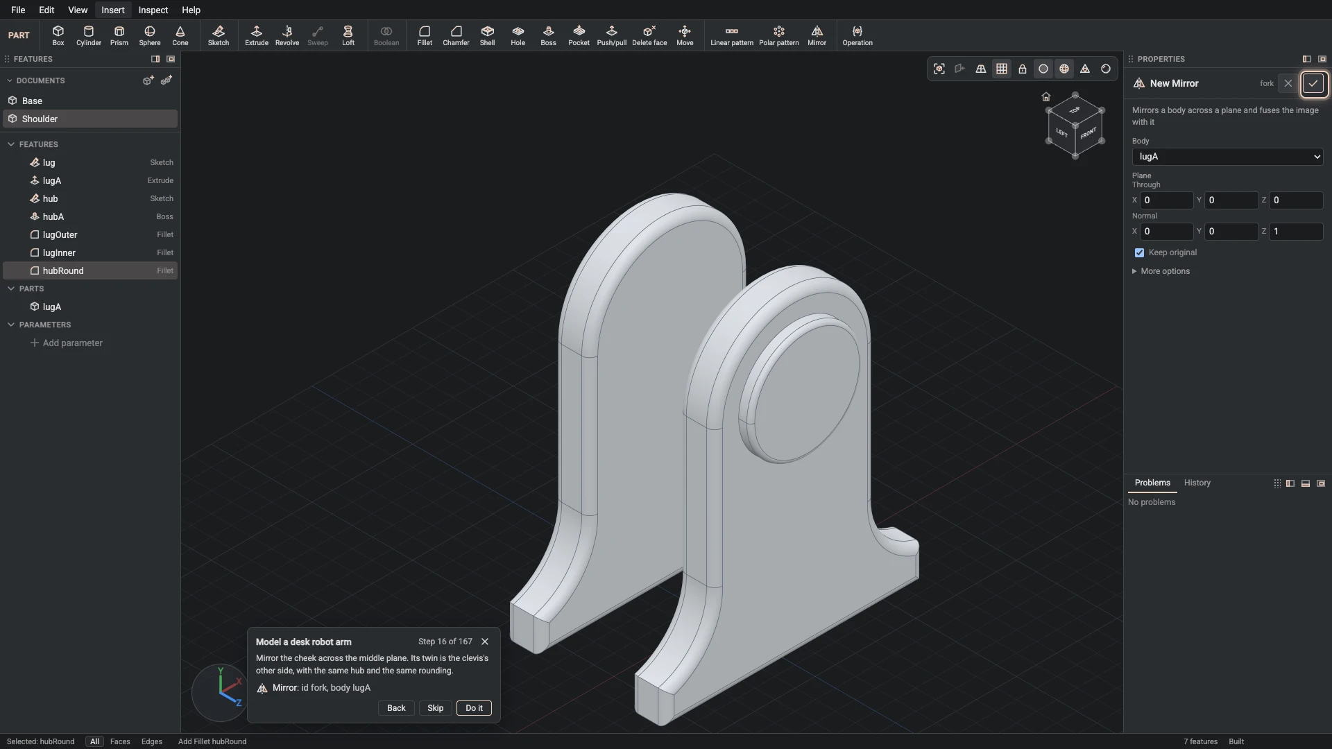Model a desk robot arm, step 16: the Mirror dialog filled in with the step's values, the tutorial card beside it ringing OK